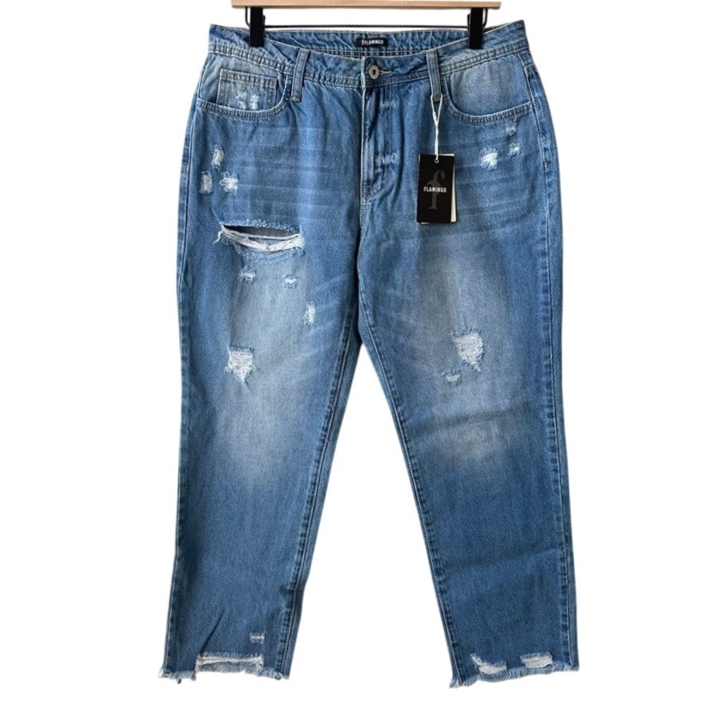 Flamingo Distressed Straight Leg Jeans Light Wash Raw Hem Size M 234235PSA‎